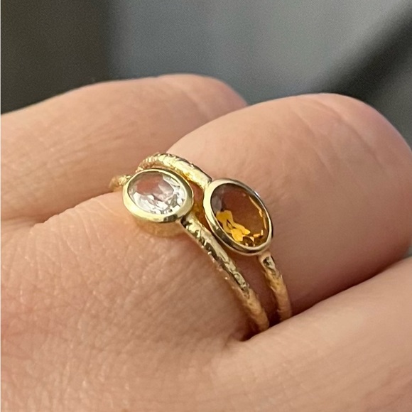 14k Solid Gold Golden Topaz Hammered Bezel Stacking Ring - Picture 7 of 7